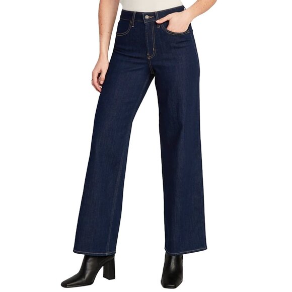 Old Navy High-Waisted Wow Wide-Leg Jeans Stretch Dark Indigo Denim Classic Sz 8 - Picture 1 of 10